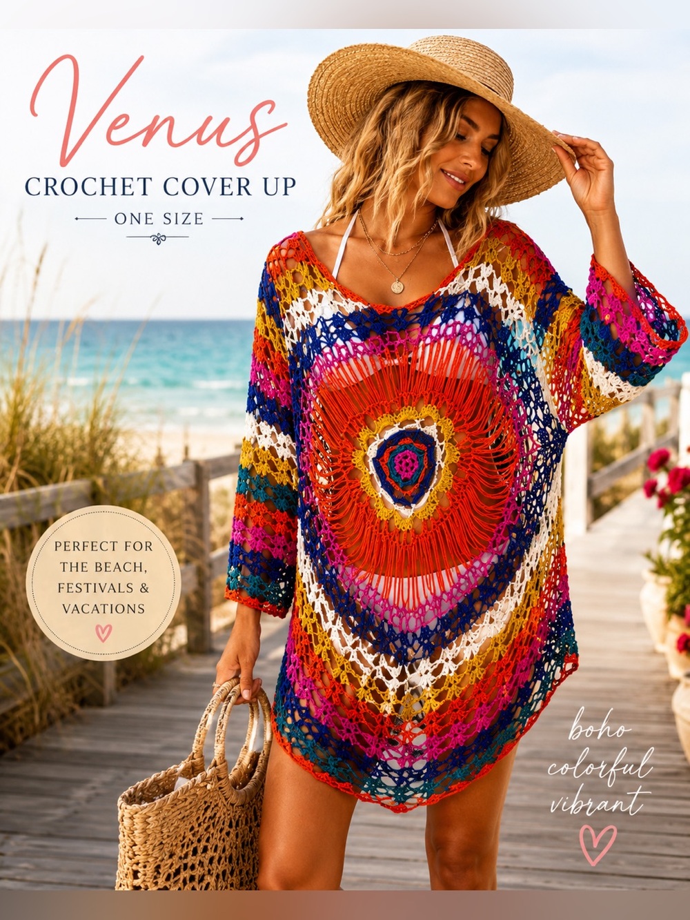 Venus Rainbow Crochet Cover Up Sweater Boho Festival Beach Tunic One Size